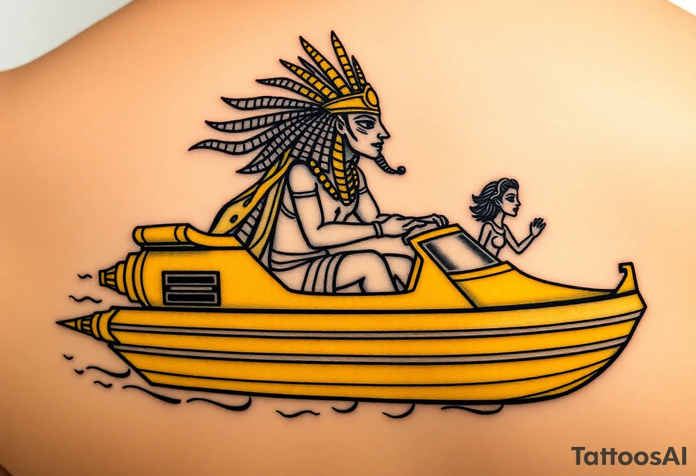 "Anubis driving a yellow Uber-styled solar barge.  
Passengers:  
- Голый Пикассо (из «Ампир V»)  
- Алиса (с табличкой 'Аид – 5★')  
Meter reads: *'SOUL: 4.8 rating (would not reincarnate)'*.  

Style: Urban hieroglyph. Black/yellow. Calf." tattoo idea