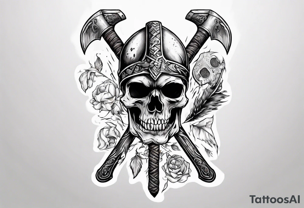 viking axe with crow and sugar skull tattoo idea