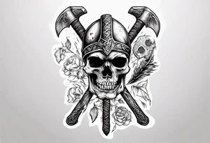 viking axe with crow and sugar skull tattoo idea