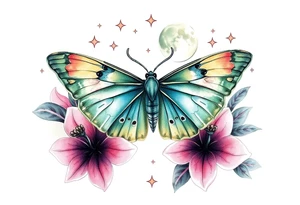 Beautiful Luna moth encompassed by lily flowers and stars tattoo idea