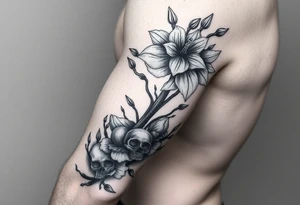 Aconitum flower going up the arm with details gothic style with skulls tribal tattoo idea