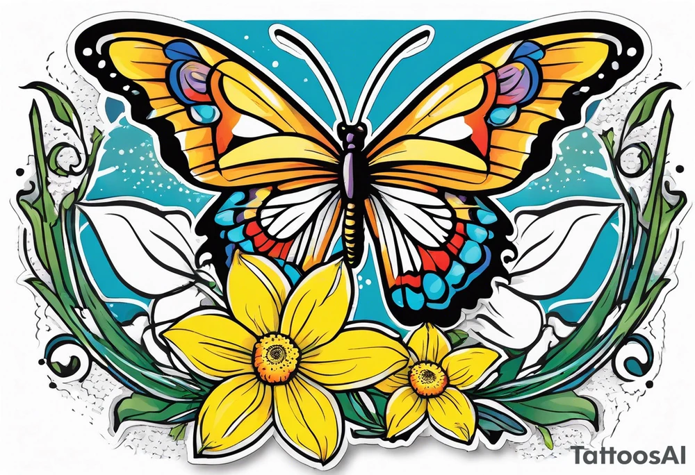 Butterfly, star and daffodils, aster flower tattoo idea