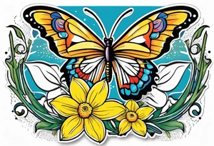 Butterfly, star and daffodils, aster flower tattoo idea