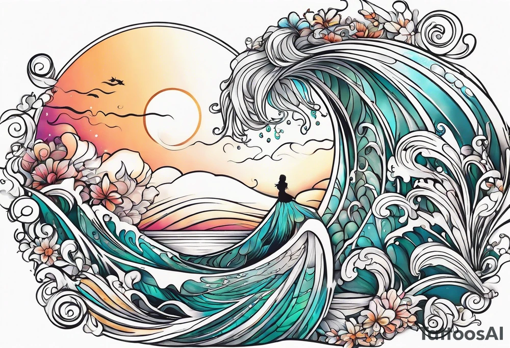 Mermaid waves sun booty tattoo idea