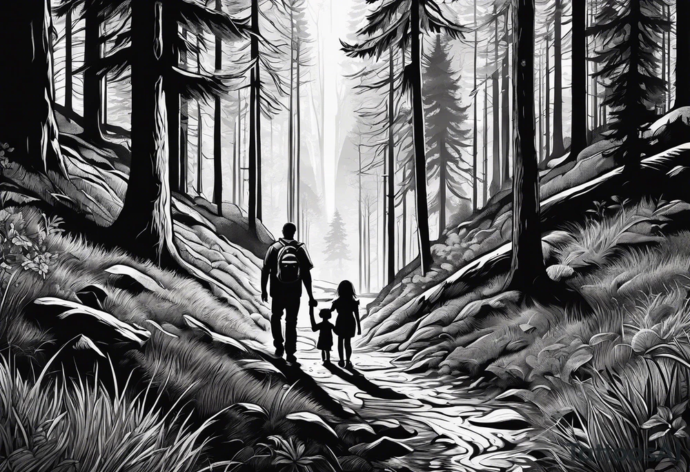 A shadow of a Man and Woman and young son and young daughter  walking through the Pacific Northwest Forrest. Crosses. tattoo idea