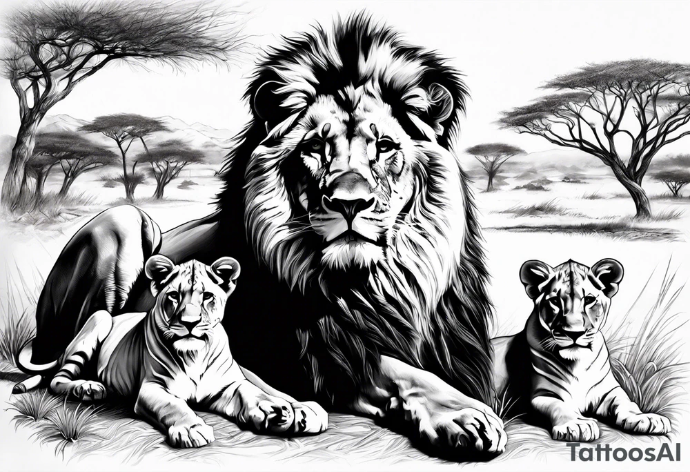 in front the savane
in back ground a lion and is family tattoo idea