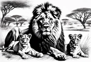 in front the savane
in back ground a lion and is family tattoo idea