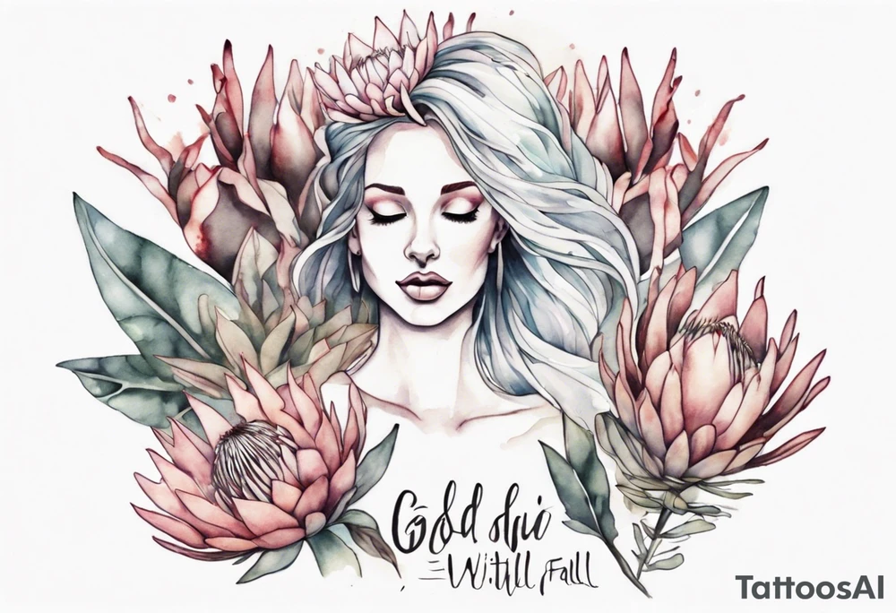 Create a very feminine tattoo of a dancing woman surrounded by protea flowers. Add the words: God is within her, she will not fall. tattoo idea