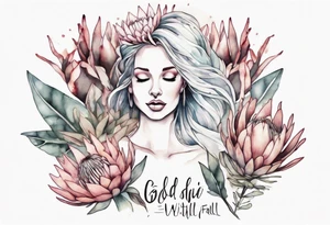 Create a very feminine tattoo of a dancing woman surrounded by protea flowers. Add the words: God is within her, she will not fall. tattoo idea
