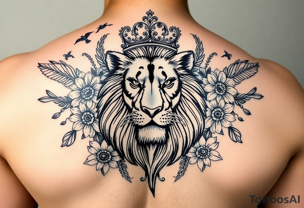 powerful majestic lion with a crown, surrounded by floral ornaments and birds tattoo idea