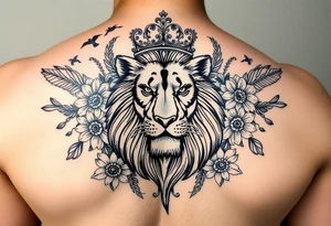 powerful majestic lion with a crown, surrounded by floral ornaments and birds tattoo idea