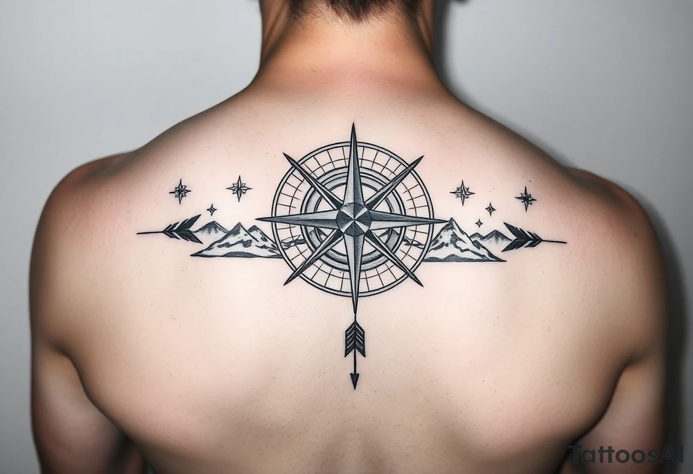 a compass,stars,landscape,an arrow. tattoo idea