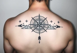a compass,stars,landscape,an arrow. tattoo idea