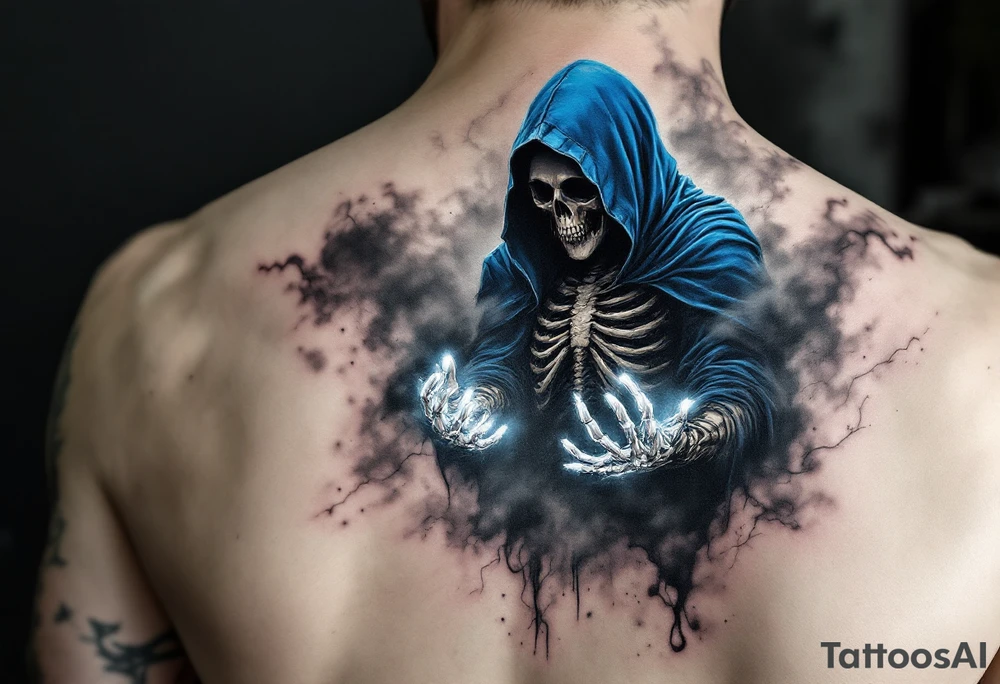 A blue-hooded Grim Reaper stepping out of a smoky gray mist with glowing white skeletal hands. tattoo idea