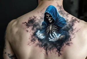 A blue-hooded Grim Reaper stepping out of a smoky gray mist with glowing white skeletal hands. tattoo idea