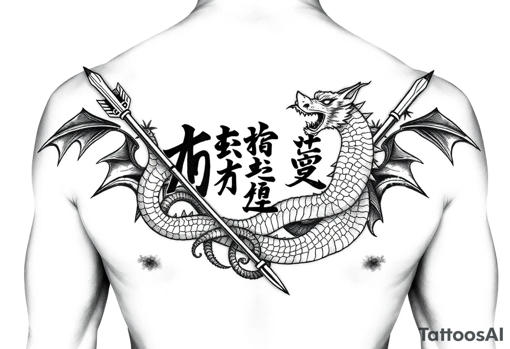 japanese writing with bow and arrow with dragon wrapped around on chest tattoo idea