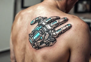 A tattooed mechanical glove with brushed silver plating and soft teal light strips running along the knuckles. tattoo idea