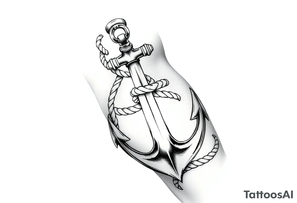 weathered anchor wrapped in nautical rope with sea waves tattoo idea