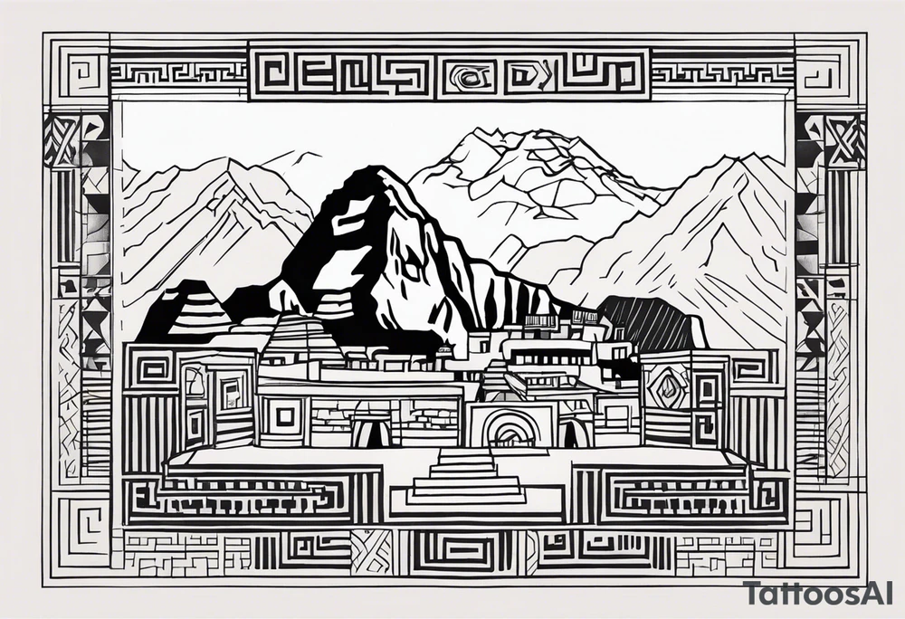 Create a tattoo design in a linear geometric art style depicting images associated with Peru, such as Machu Picchu, llamas or traditional textile patterns. The tattoo should be done in a monochromatic black and white color scheme with clear outlines and minimal details to create an elegant and modern composition. tattoo idea