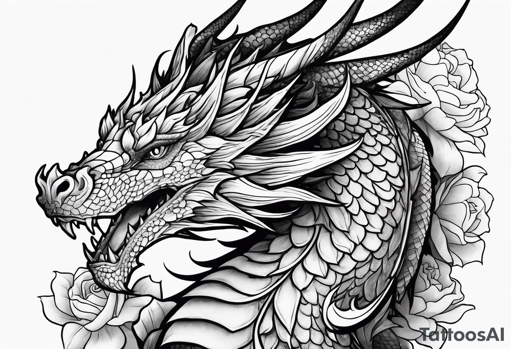 Dragon with September birth flower going up the spine tattoo idea