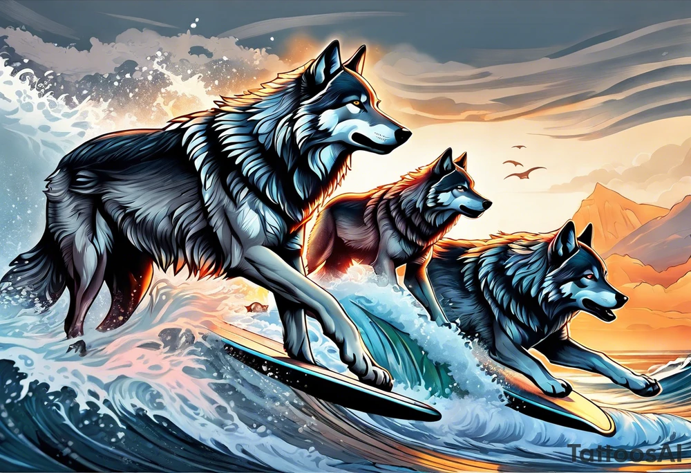 a pack muscular of gray wolves surfing tattoo idea