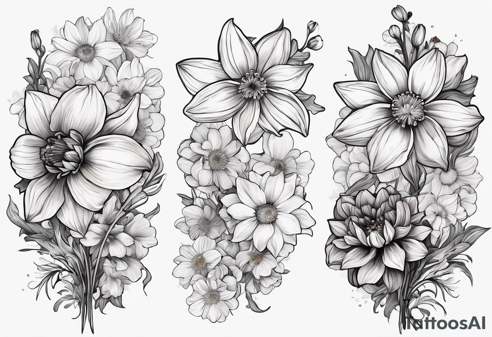 Narcissus, Chrysanthemum, Cosmos, snow drop that shows all the flower stems for the back of the arm. tattoo idea