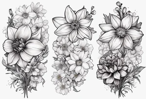 Narcissus, Chrysanthemum, Cosmos, snow drop that shows all the flower stems for the back of the arm. tattoo idea