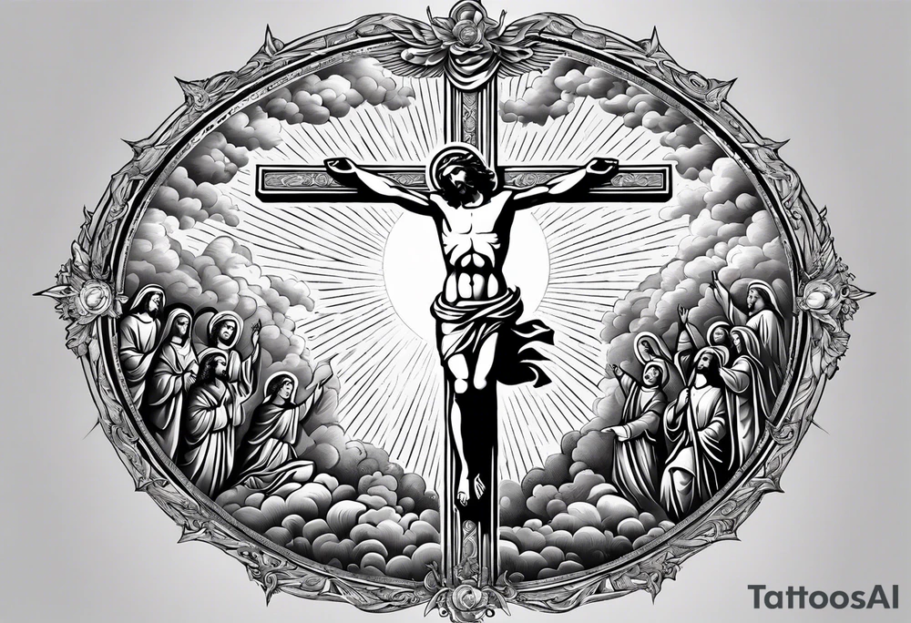 Ascension of crucified Jesus surrounded by angels and saints and sun rays. tattoo idea