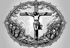 Ascension of crucified Jesus surrounded by angels and saints and sun rays. tattoo idea