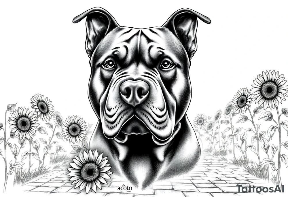 Very thick muscled up pitbull portraits fading into the background as filler incorporate sunflowers, an old road made from pavers tattoo idea