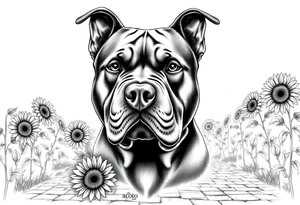 Very thick muscled up pitbull portraits fading into the background as filler incorporate sunflowers, an old road made from pavers tattoo idea