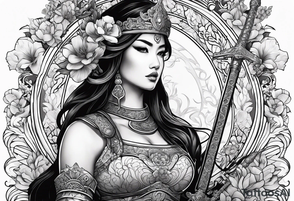 ornate beautiful woman warrior with weapon & floral arch background tattoo from head to torso tattoo idea