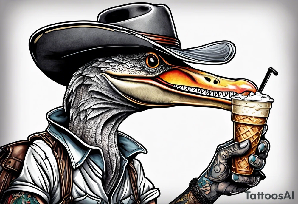 Pterodactyl wearing a cowboy hat eating ice cream sundae tattoo idea