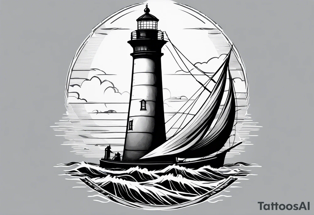 maritime lighthouse in a front view sailboat serving as a mast for a sail. tattoo idea