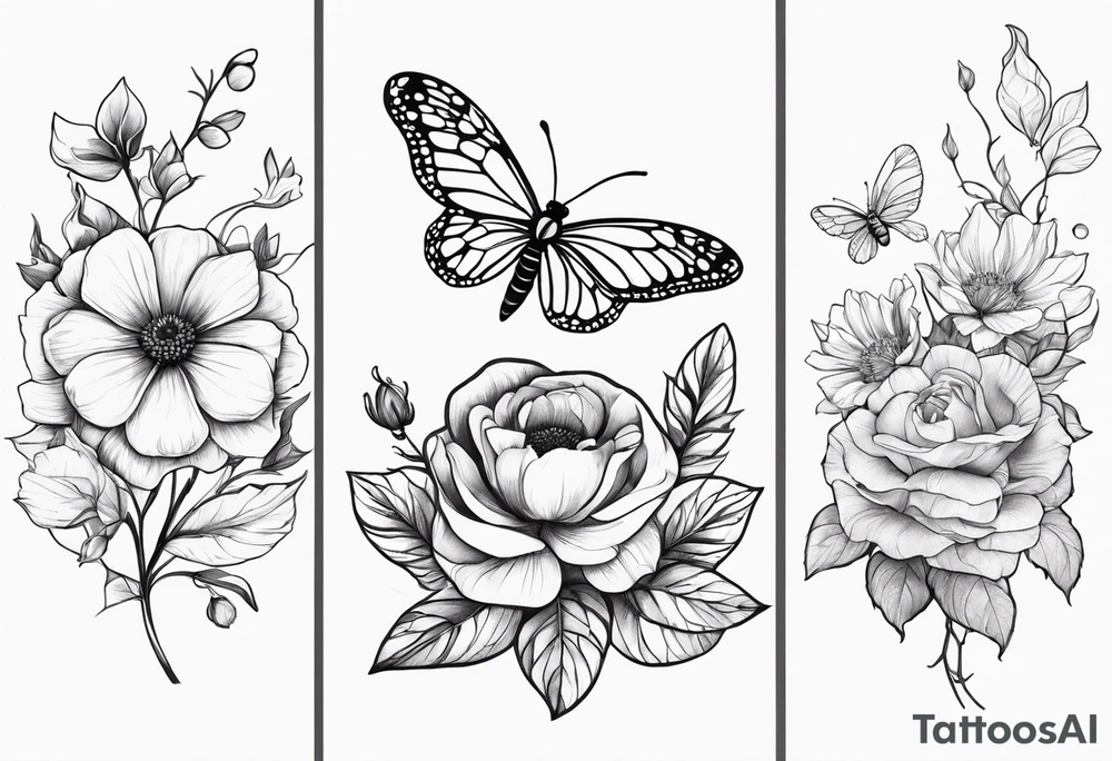 May, September, and November birth flower 2 time pieces with a bee and butterfly sleeve tattoo idea