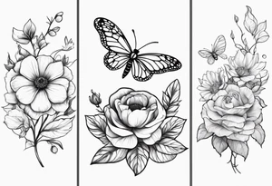 May, September, and November birth flower 2 time pieces with a bee and butterfly sleeve tattoo idea