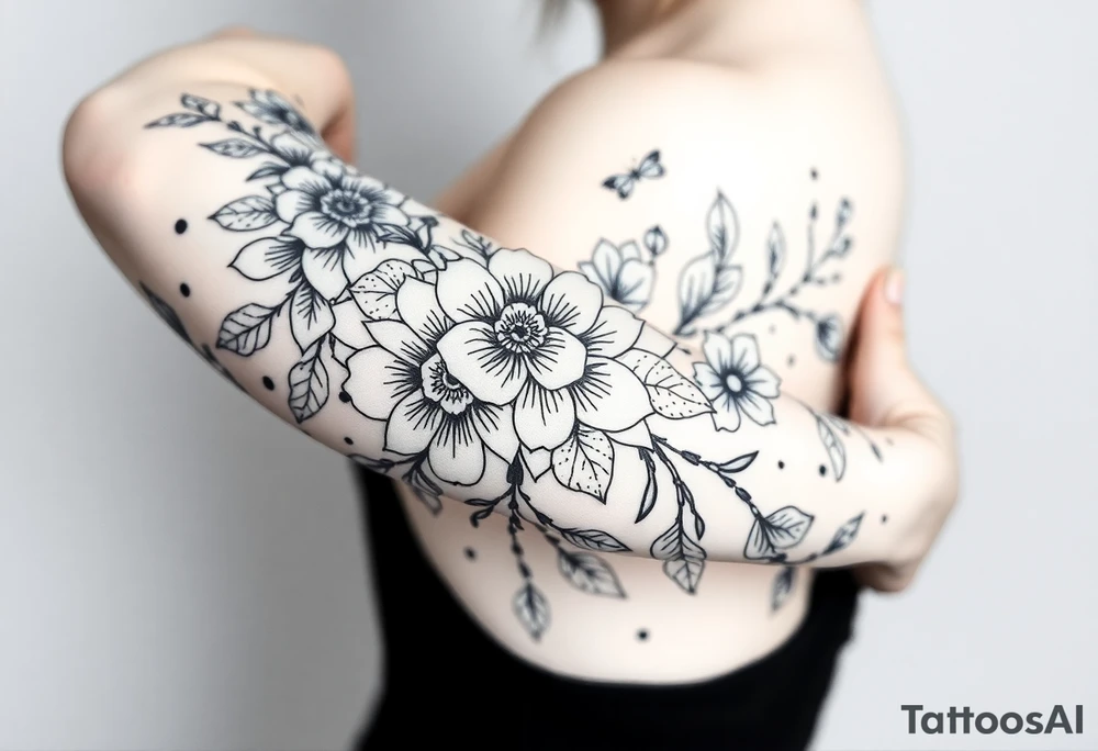 floral composition with japanese vibe, mutiple ornemental patern and leaf tattoo idea