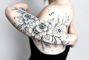 floral composition with japanese vibe, mutiple ornemental patern and leaf tattoo idea