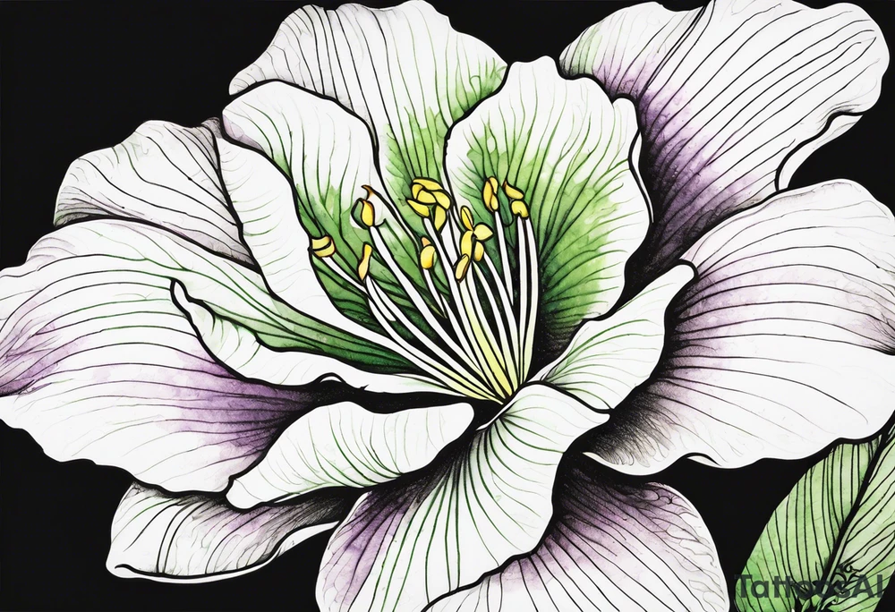 An outline of a rio dipladenia flower with green and purple watercolor behind it tattoo idea