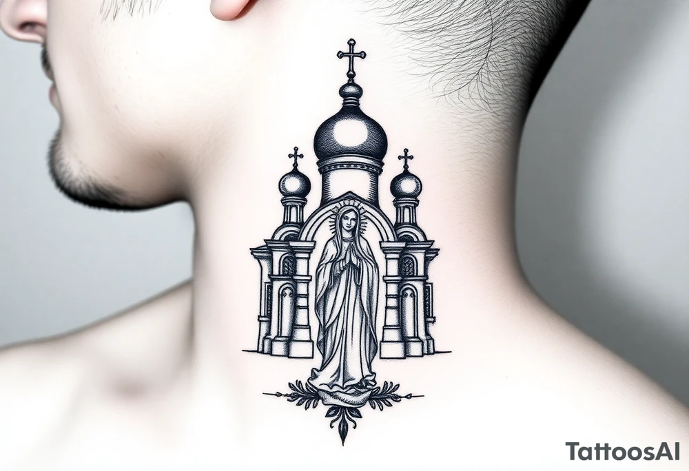 medium sized Russian orthodox church with bulb domes with a prominent russian orthodox style virgin mary stood tattoo idea