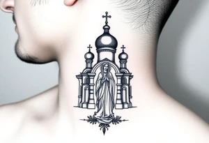 medium sized Russian orthodox church with bulb domes with a prominent russian orthodox style virgin mary stood tattoo idea