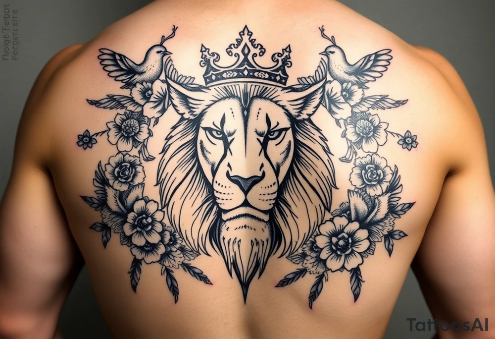 powerful majestic lion with a crown, surrounded by floral ornaments and birds tattoo idea