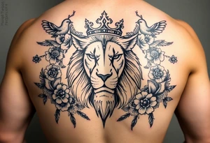powerful majestic lion with a crown, surrounded by floral ornaments and birds tattoo idea
