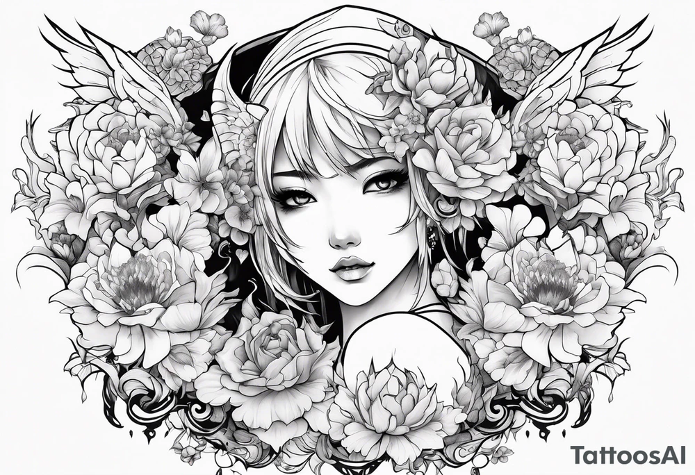 2 dimensional art of a bleeding anime girl surrounded by an asian gargoyle and flowers tattoo idea