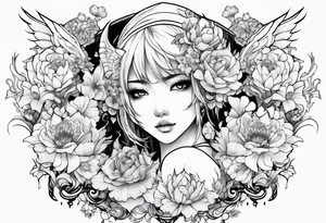 2 dimensional art of a bleeding anime girl surrounded by an asian gargoyle and flowers tattoo idea