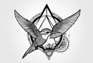 Two triangles with one unclosed, crescent moon, compass, one hummingbird tattoo idea