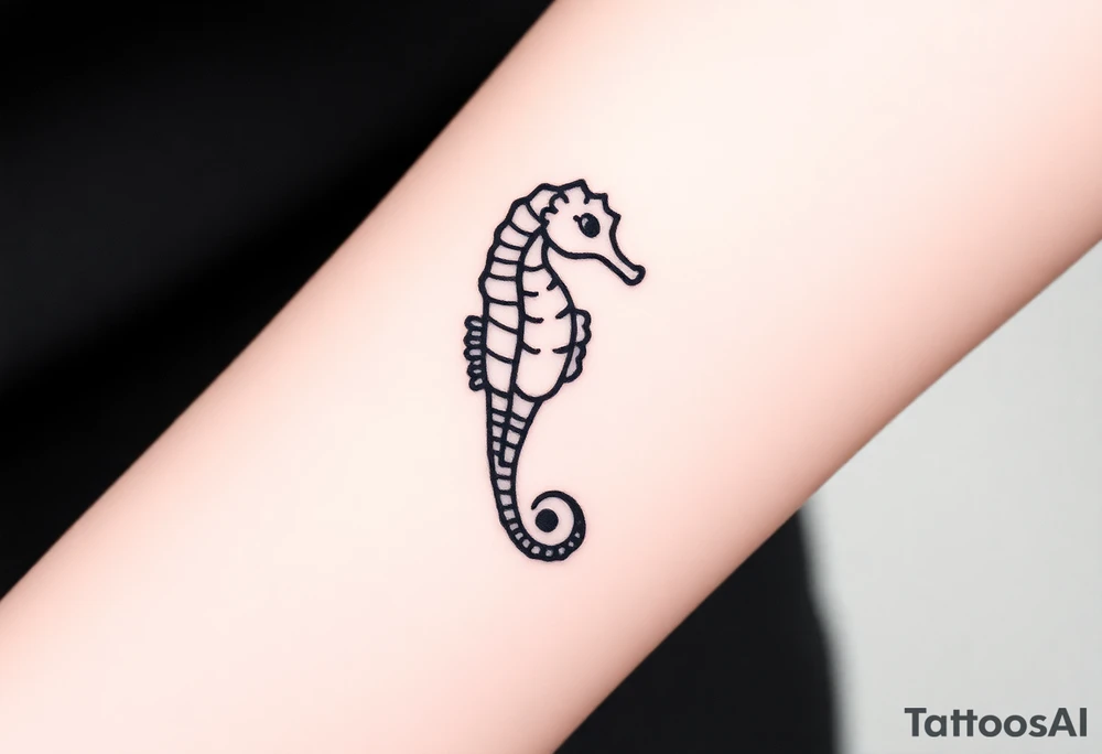 A sleek black ink seahorse outline, its body adorned with minimalist wave patterns. tattoo idea