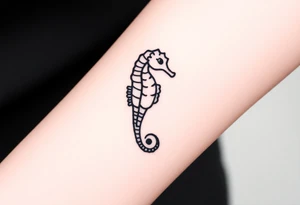 A sleek black ink seahorse outline, its body adorned with minimalist wave patterns. tattoo idea