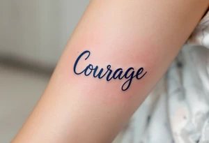“Courage” in bold navy blue, paired with a simple lion silhouette in soft gray. tattoo idea
