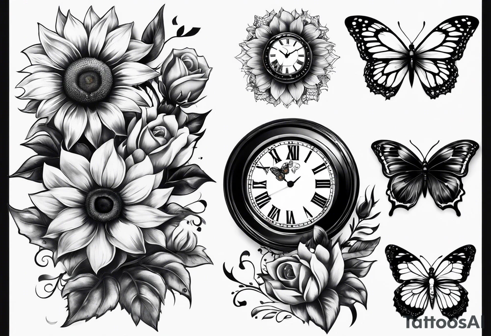 Sleeve with clock, sunflower and butterflies tattoo idea